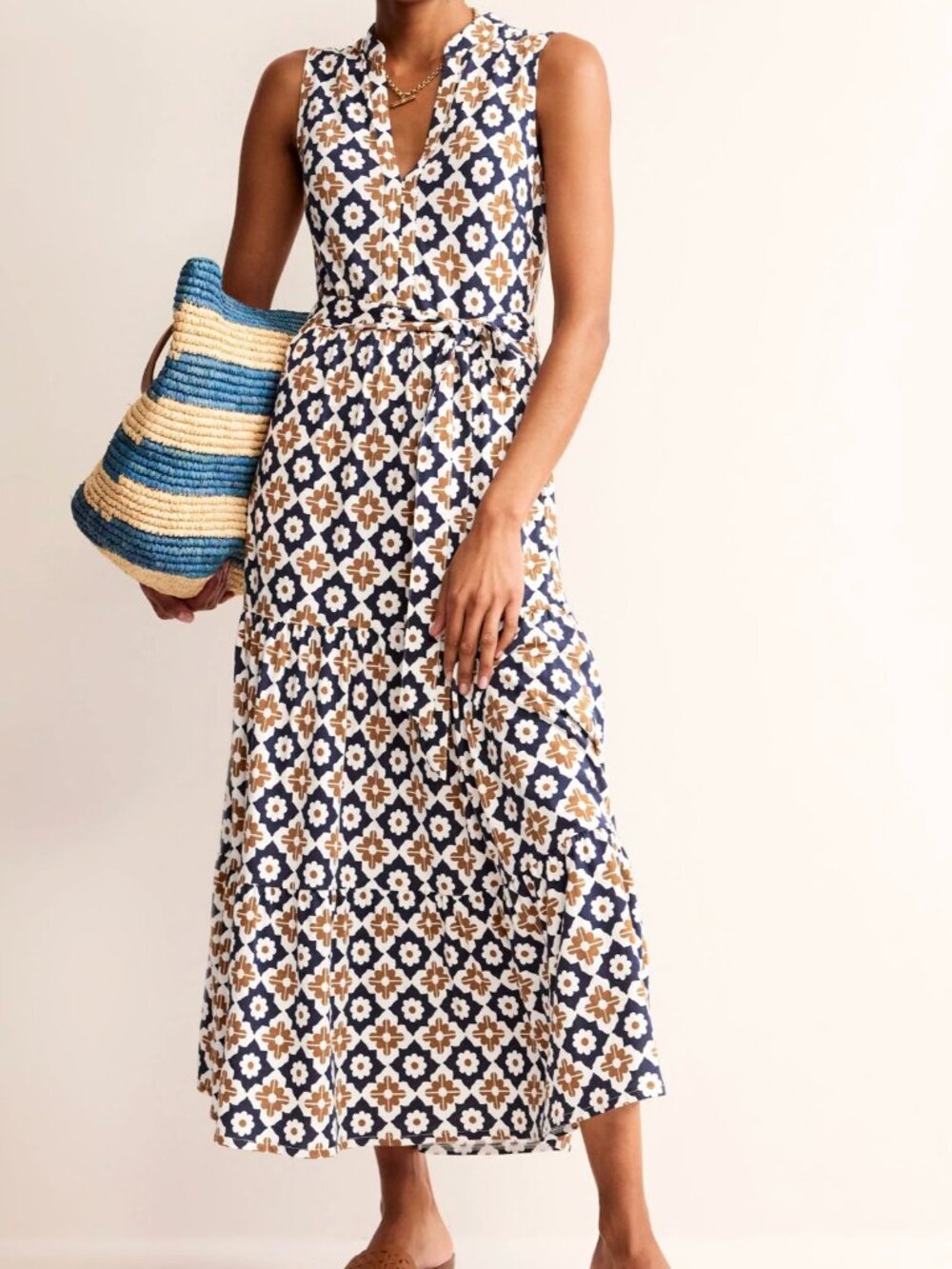 Boden Naomi Notch Jersey Maxi Dress Geo Stamp Floral Size 4 Regular Preppy *D2